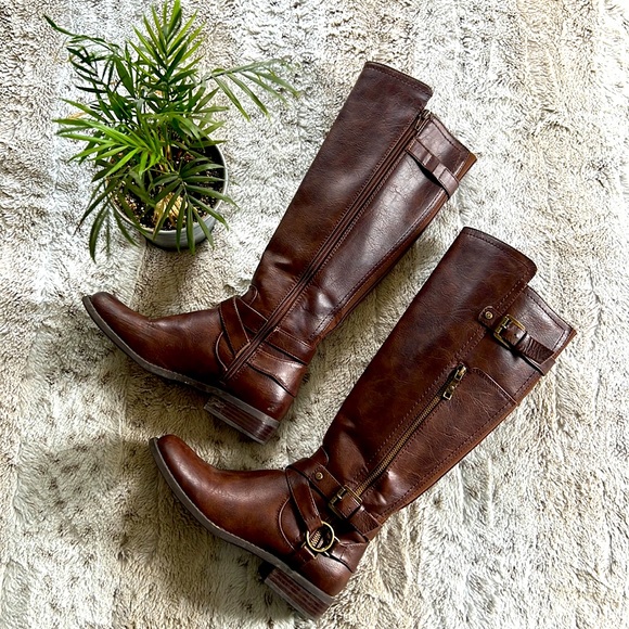 Guess Shoes - Guess Tall Faux Leather Boots - Brown
